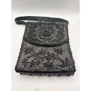 VIntage Bon Soir Black Beaded Clutch Purse with Floral Motif